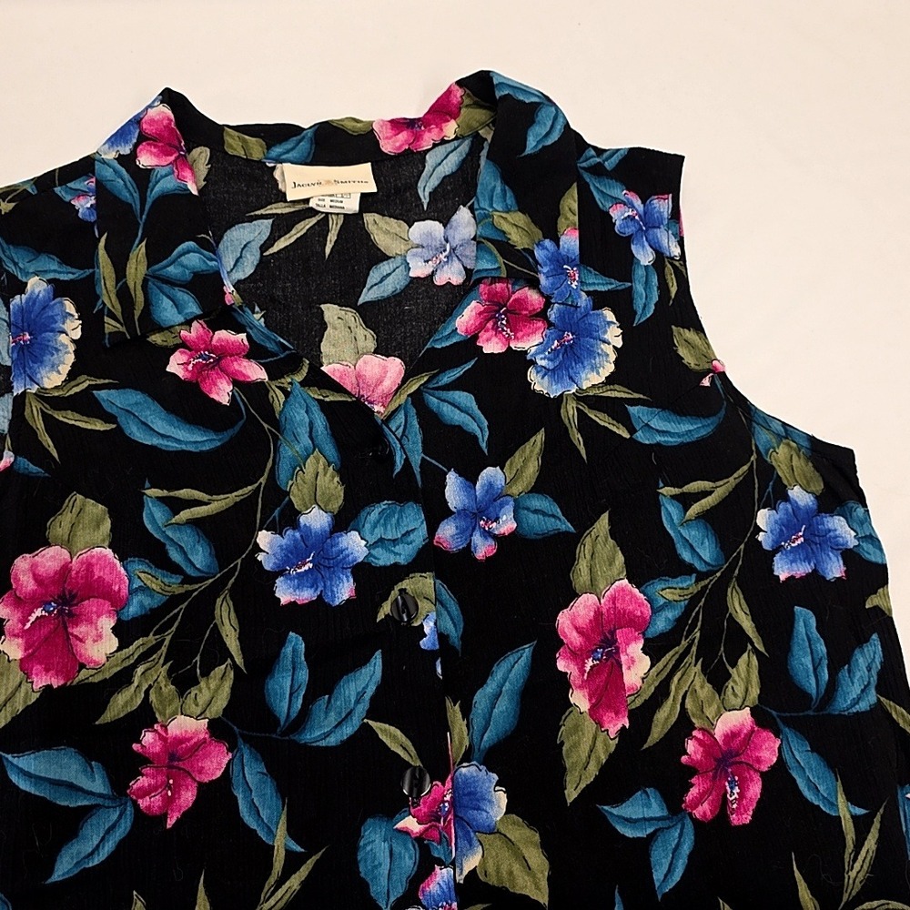 Jaclyn Smith Button Down Tank Top Womens Medium Black Floral Sleeveless Tropical